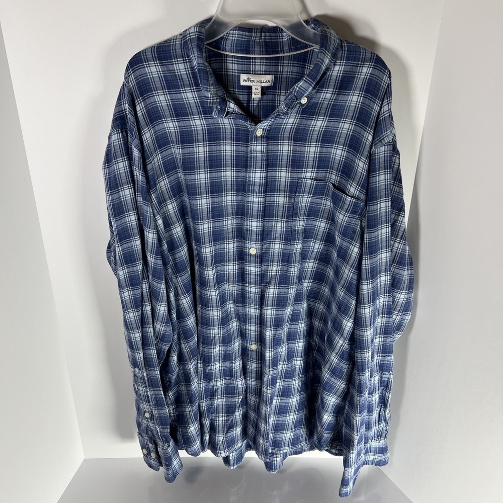 Peter Millar Shirt Mens XL Blue Plaid Long Sleeve Summer Comfort Button Down